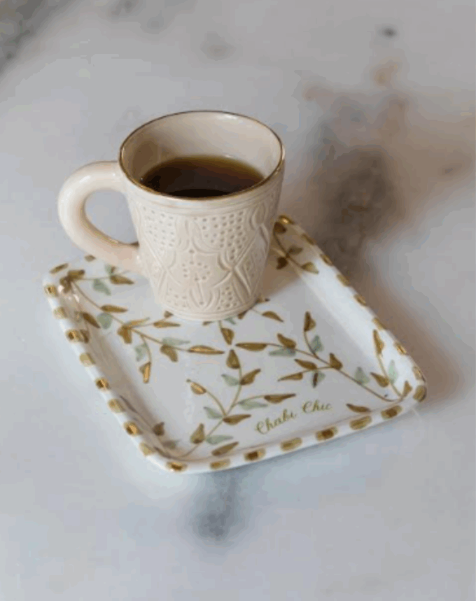 Petit Plateau “Feuilles Gold” – Poterie  avec or 12 carats