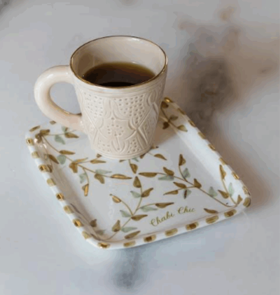 Petit Plateau “Feuilles Gold” – Poterie  avec or 12 carats