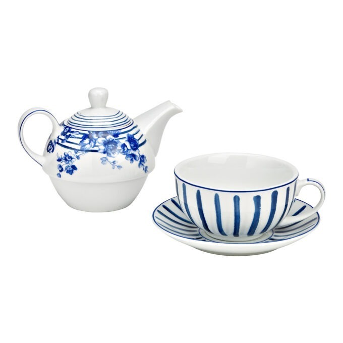 Ensemble de 3 théières, en porcelaine bleue (L/H/P) 13x15x13cm