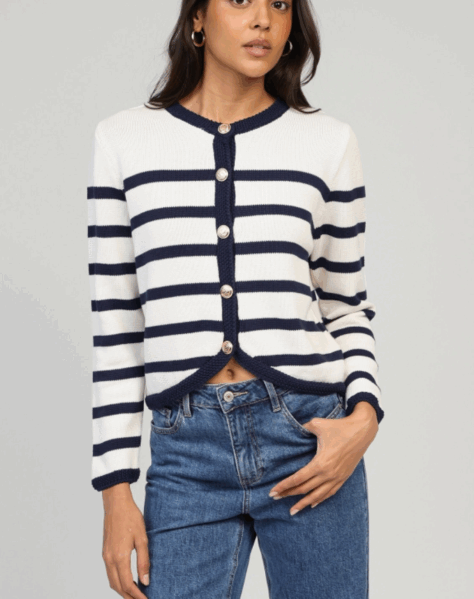 Cardigan Sara   Marine Rayé – Chic & Intemporel