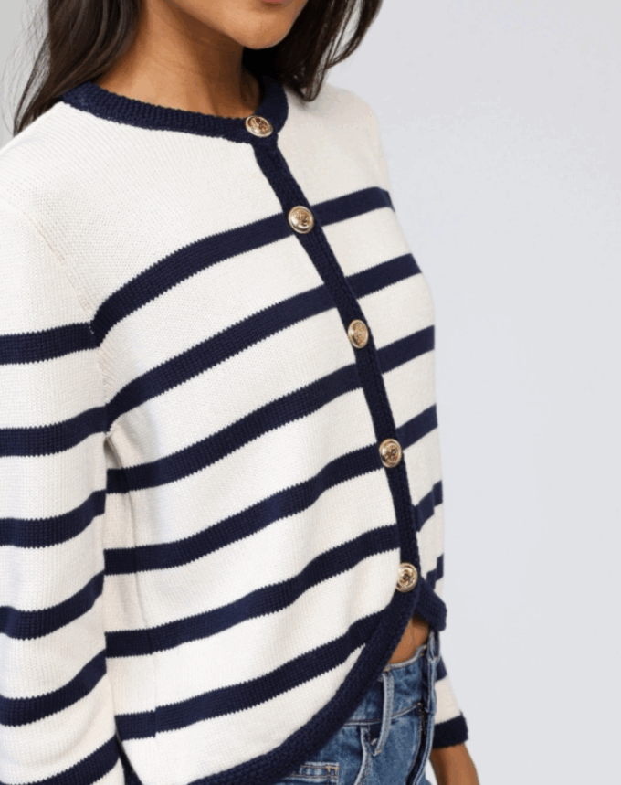 Cardigan Sara   Marine Rayé – Chic & Intemporel