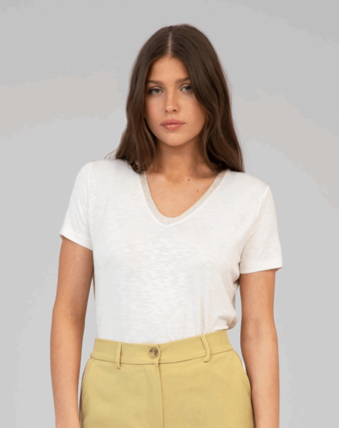 T-shirt Col V Pailleté – Blanc Neige
