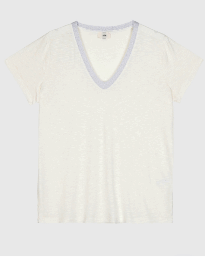 T-shirt Col V Pailleté – Blanc Neige