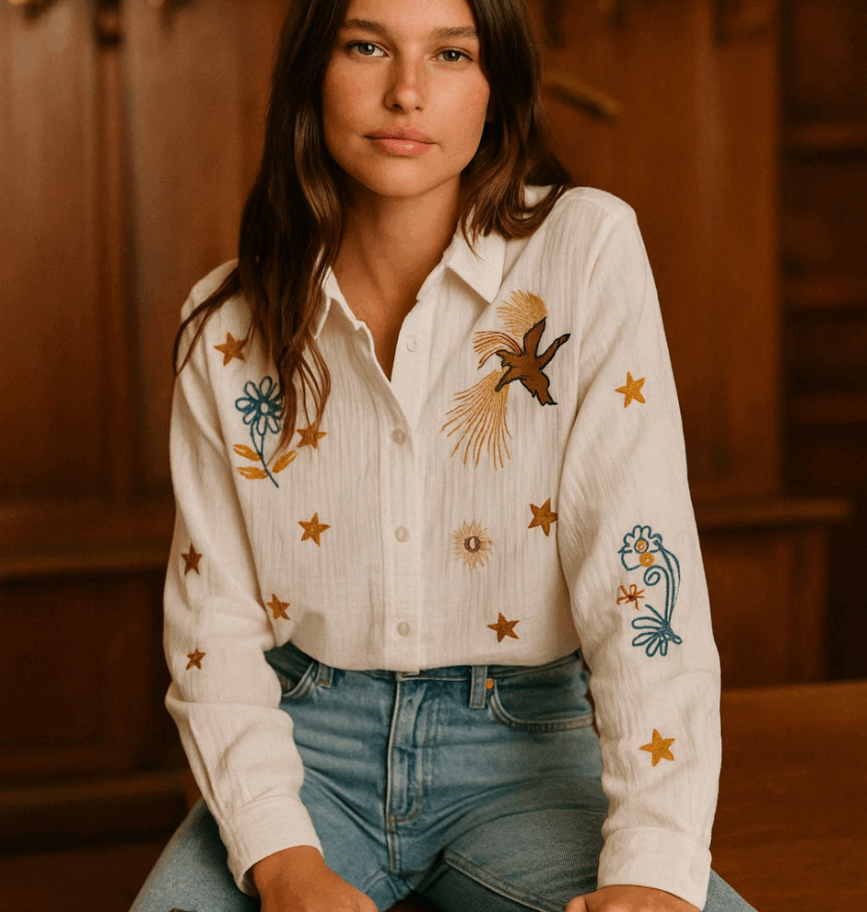 Chemise Mélanie brodée en gaze de coton – Édition Soleil & Étoiles