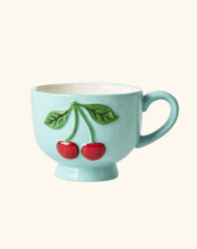 Mug Céramique Menthe – Motif Cerises en Relief (250 ml)