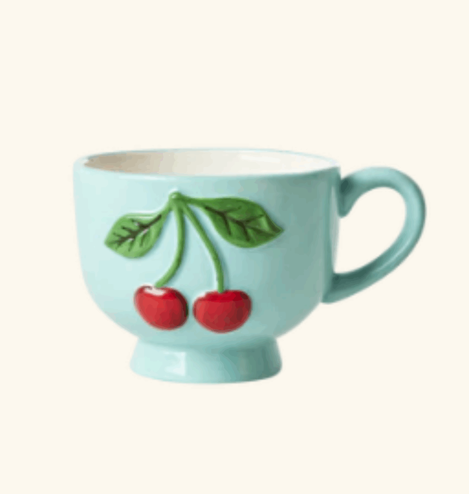 Mug Céramique Menthe – Motif Cerises en Relief (250 ml)