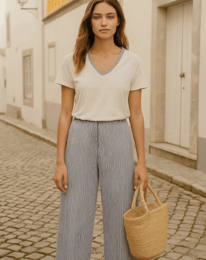 Pantalon Lina – Rayé bleu marine