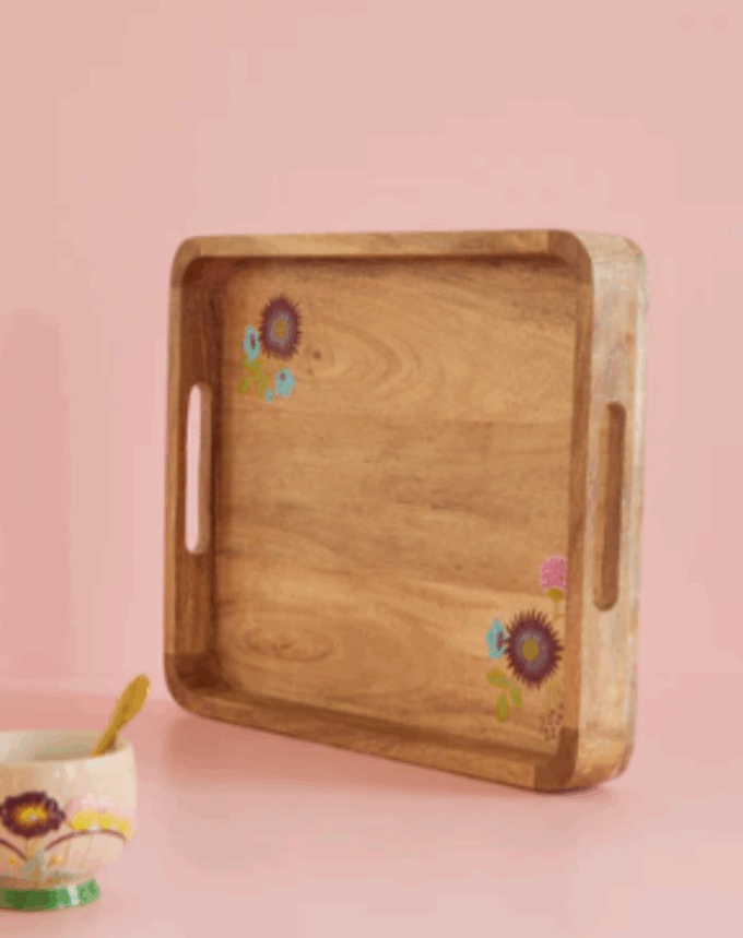 Plateau en Bois avec Fleurs Peintes à la Main
