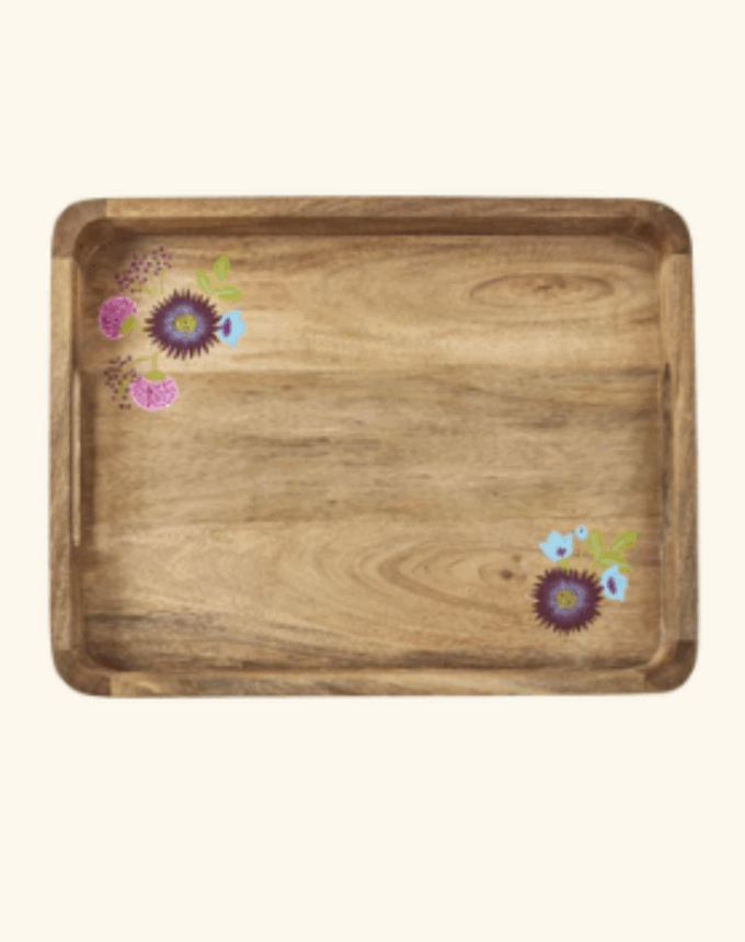 Plateau en Bois avec Fleurs Peintes à la Main