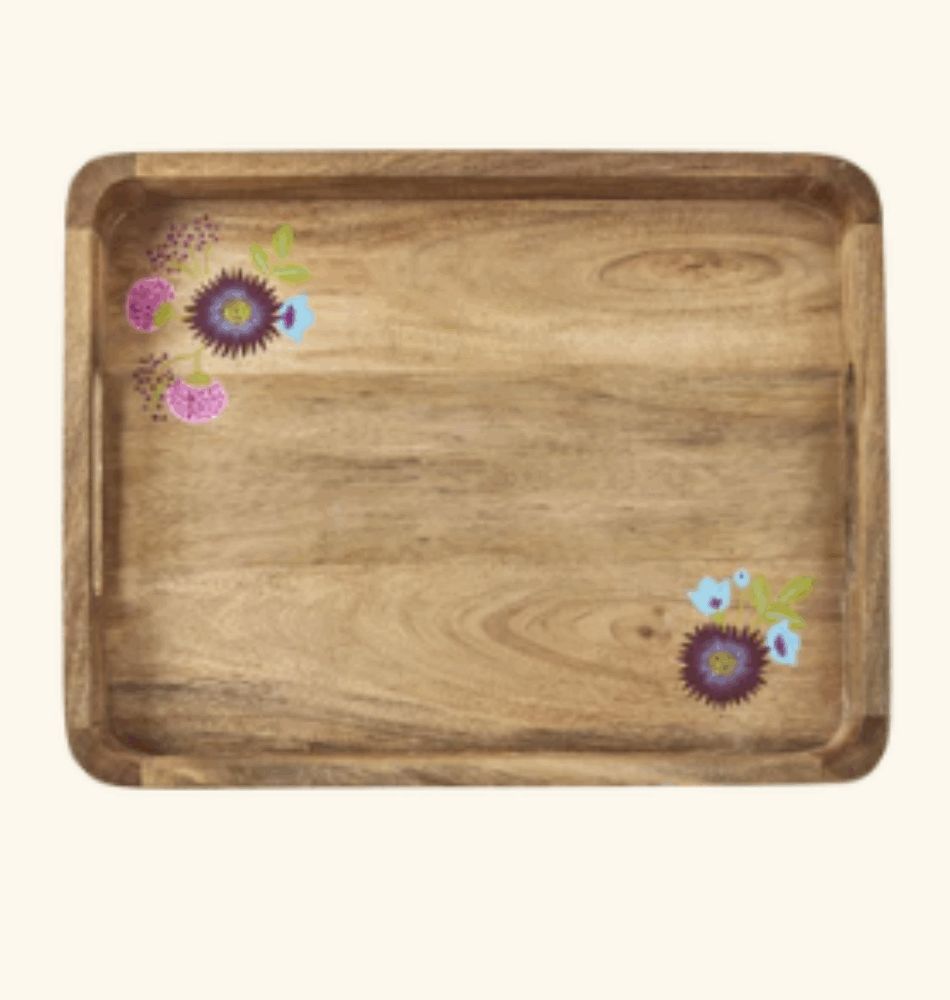 Plateau en Bois avec Fleurs Peintes à la Main