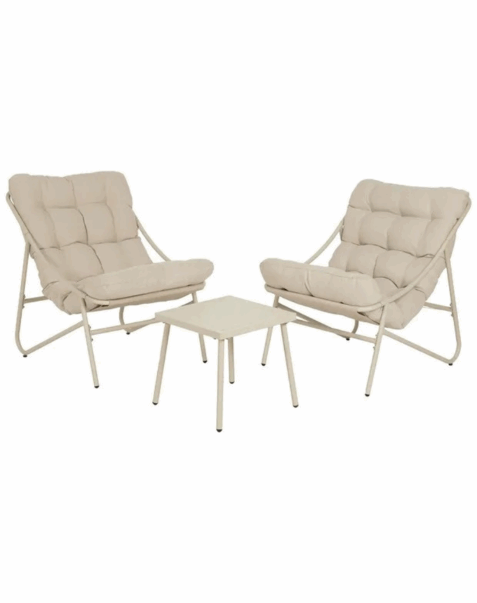 Set de Salon de Jardin Beige – 2 Fauteuils + 1 Table – Structure Acier