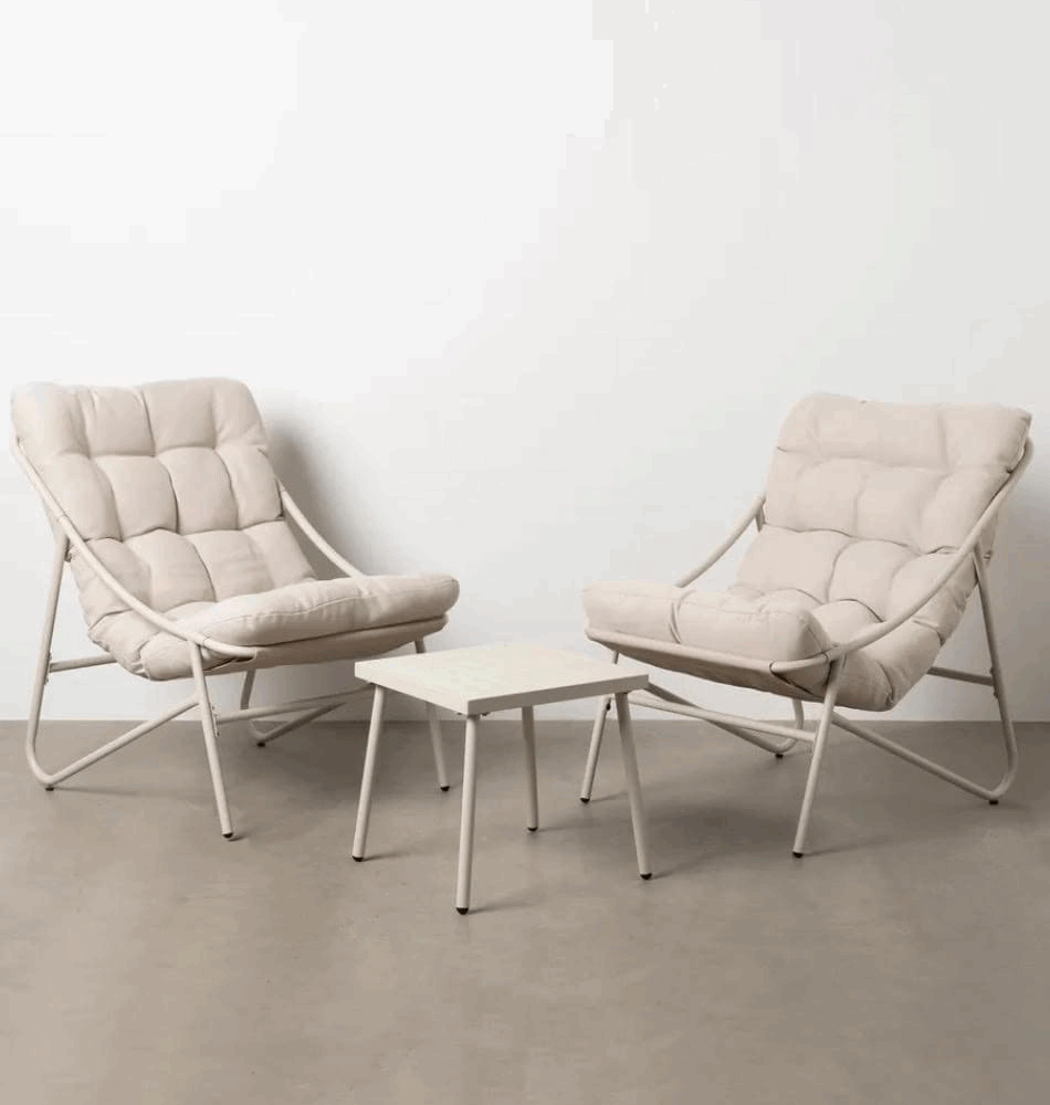 Set de Salon de Jardin Beige – 2 Fauteuils + 1 Table – Structure Acier