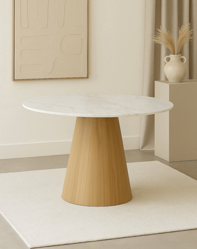 Table à Manger Ronde Céramique effet Marbre – Piètement Bois