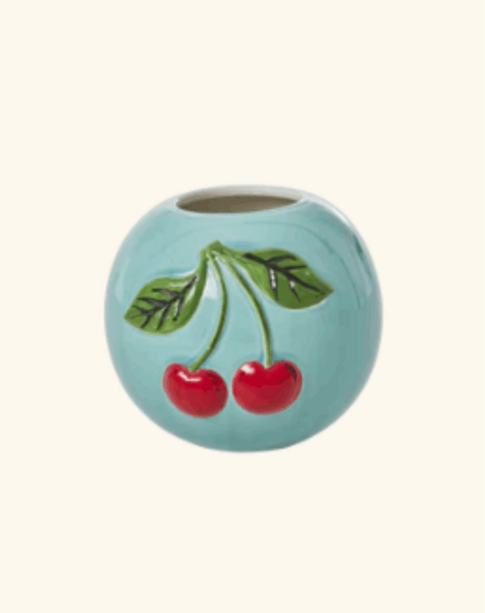 Vase Rond en Céramique – Motif Cerises en Relief