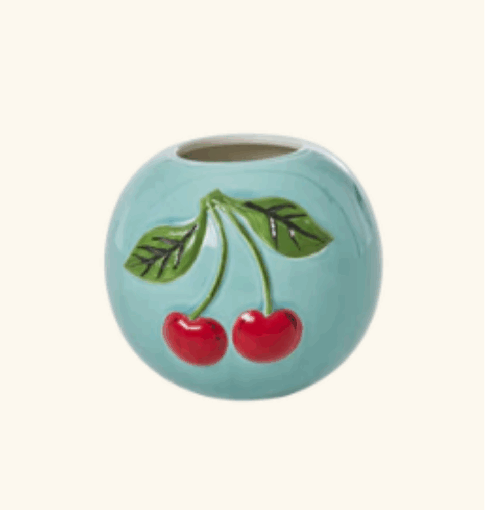 Vase Rond en Céramique – Motif Cerises en Relief