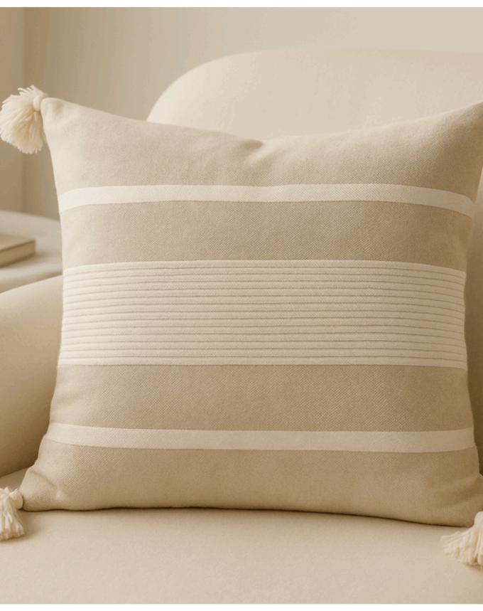 Housse de Coussin à Pompons –50x50 Ecru