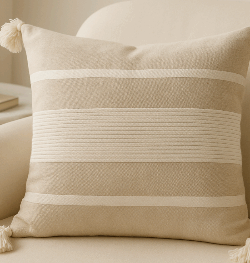 Housse de Coussin à Pompons –50x50 Ecru