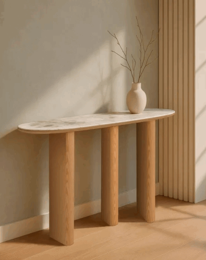 Console En Bois Naturel- Plateau Effet Marbre-