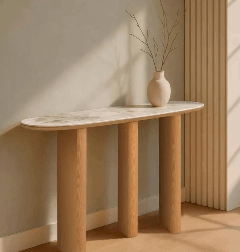 Console En Bois Naturel- Plateau Effet Marbre-