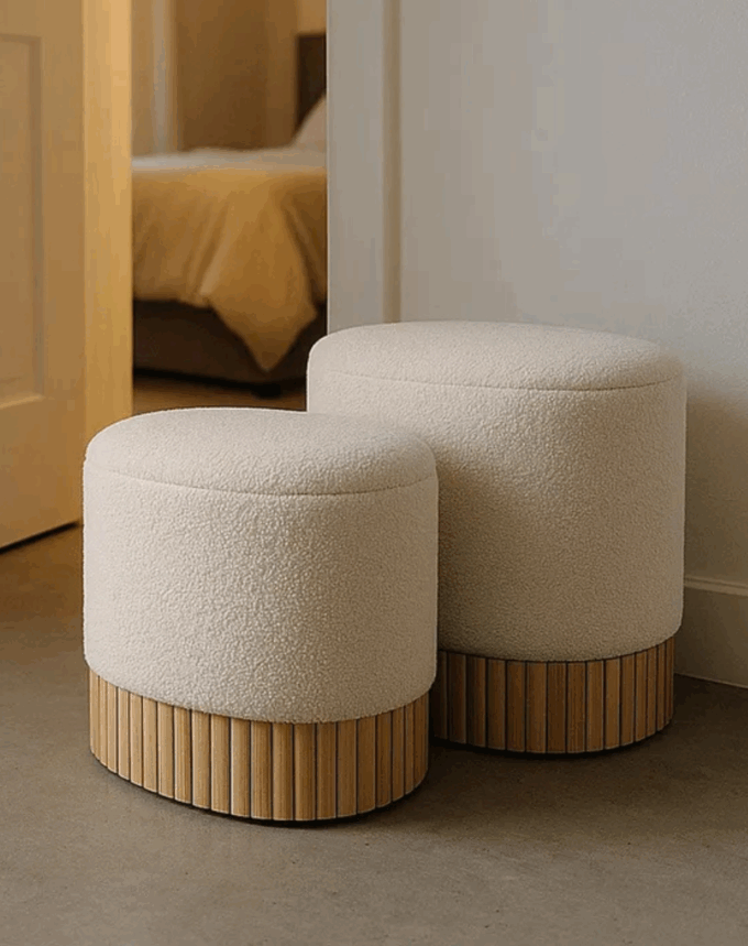 Set de 2 Poufs Malles - Créme & Base bois-