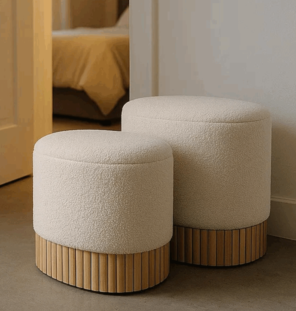 Set de 2 Poufs Malles - Créme & Base bois-