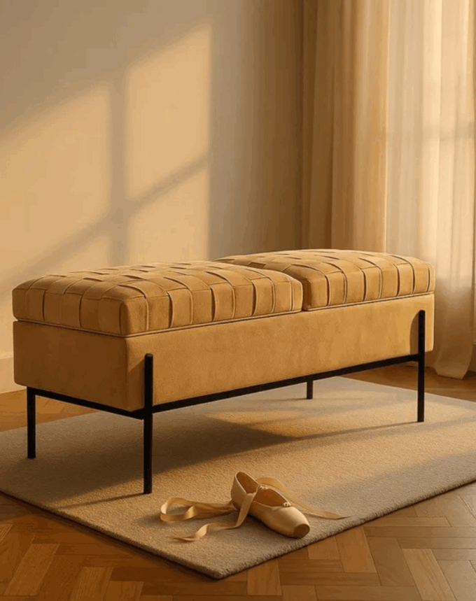 Banc Malle Beige – Tissu Tresse & Piétement Metal-