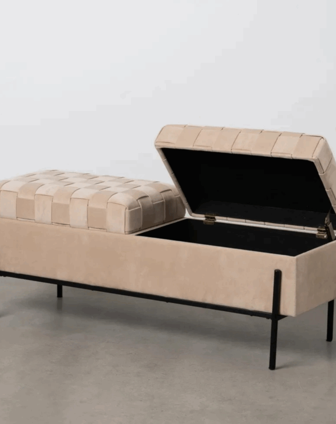 Banc Malle Beige – Tissu Tresse & Piétement Metal-